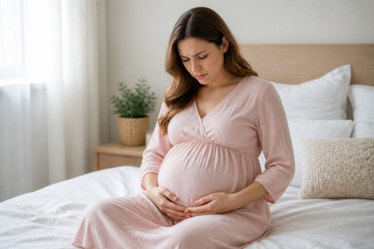 Mulher grávida sentada na cama, com expressão pensativa, tocando suavemente a barriga em um quarto iluminado naturalmente.