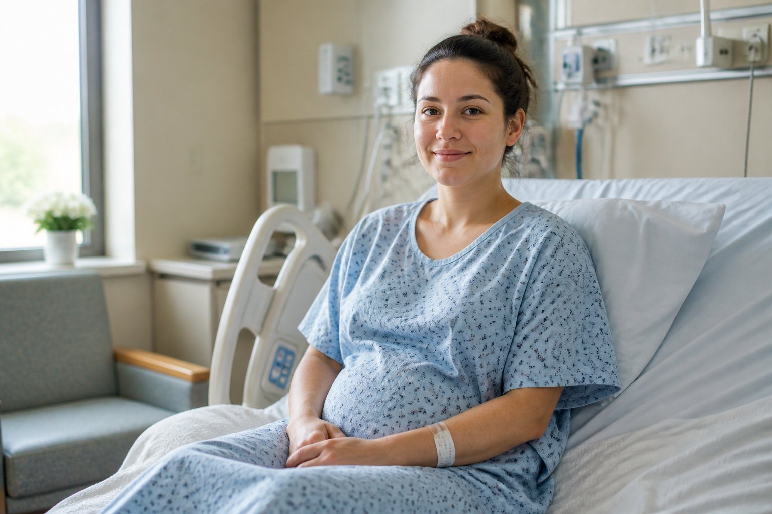 Mulher sentada em uma cama de hospital, vestindo roupa hospitalar, em um ambiente calmo e iluminado, recuperando-se após cesárea.