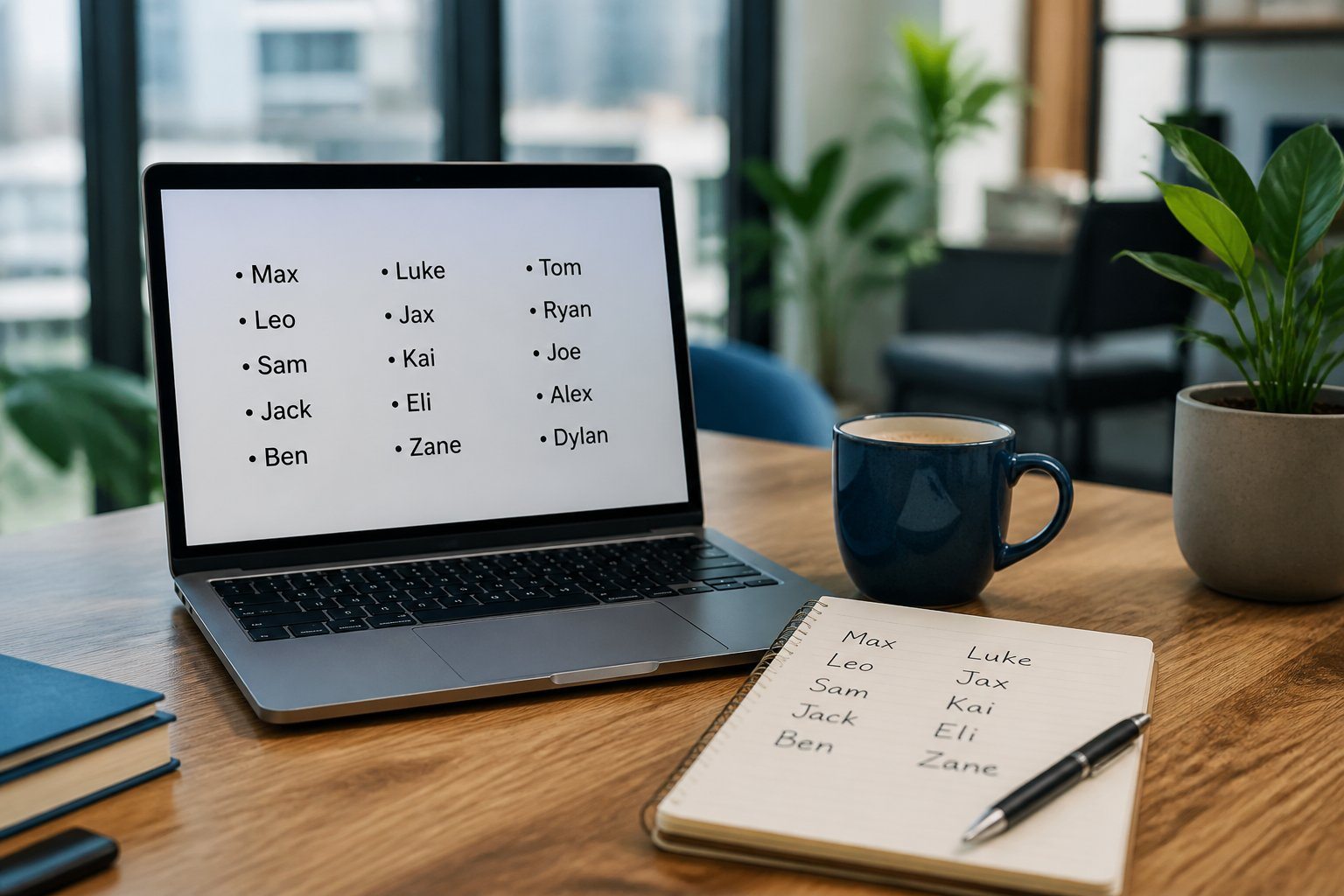 Mesa de trabalho moderna com laptop mostrando lista de nomes curtos masculinos, caderno, caneta e xícara de café em ambiente de escritório iluminado.