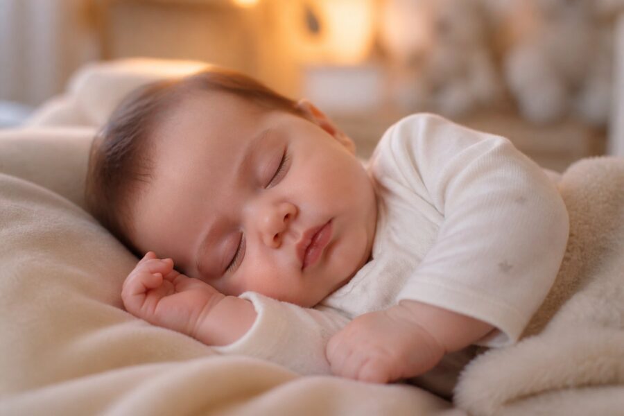 Bebê dormindo com respiração ofegante em um ambiente tranquilo e acolhedor.